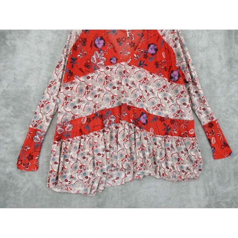 Free People Blouse Small Tiered Floral Cottage Bohemian‎ Semi Sheer Boxy Stretch